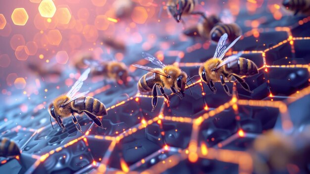 honey bees Digital futuristic wireframe polygon illustration