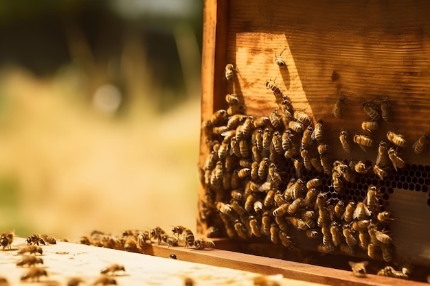 Honey bees sitting on the entrance to the hive Beekeping concept