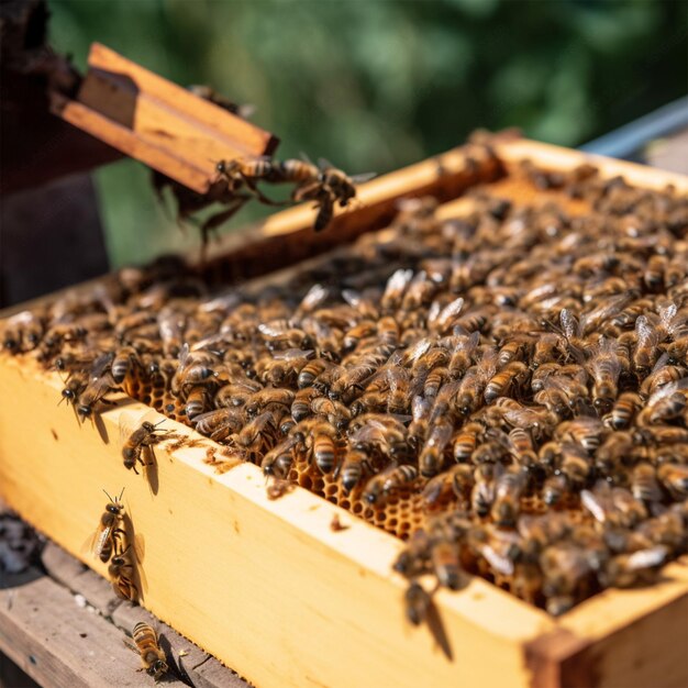 Honey Bees On A Wooden Bee Hive High Quality Photo