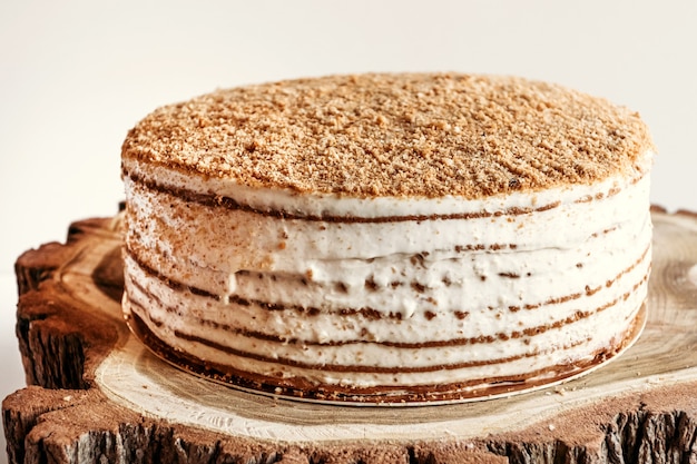 Honey cake with cream.