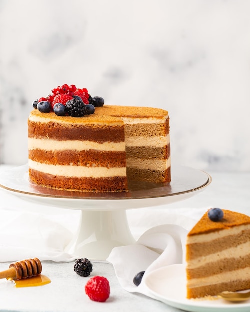 Honey cake with layers and pastry cream on plate closeup view Slice of delicious Medovik cake