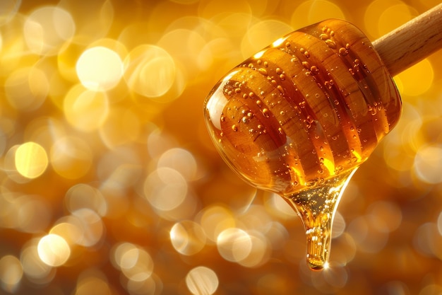 Honey cascades from a wooden dipper against a blurred yellow backdrop evoking notions of organic an