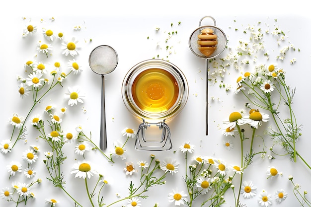 Photo honey and chamomile flowers on white background