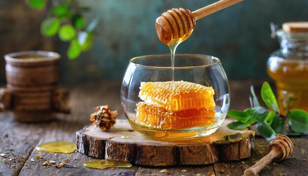 Honey Comb with drop in glass selective focus healthy food concept