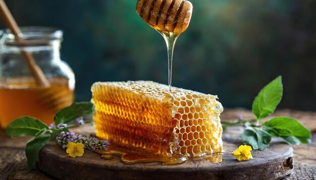 Honey Comb with drop in glass selective focus healthy food concept