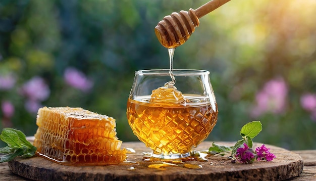 Honey Comb with drop in glass selective focus healthy food concept