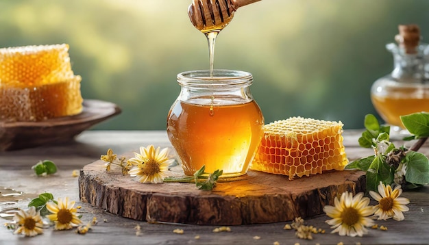 Honey Comb with drop in glass selective focus healthy food concept