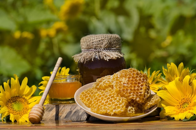 Honey dripping from honey dipper Different kinds of honey on wooden background Healthy organic honey Ukrainian country style