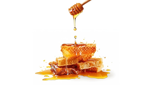 Honey dripping from wood dipper into a honeycomb on white background Generative ai