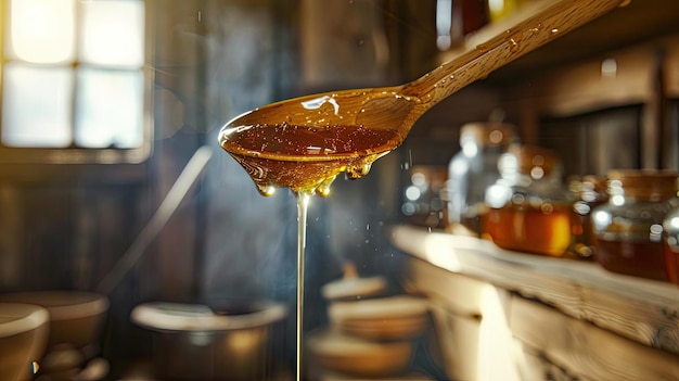 Photo honey dripping from a wooden spoon into a bowl