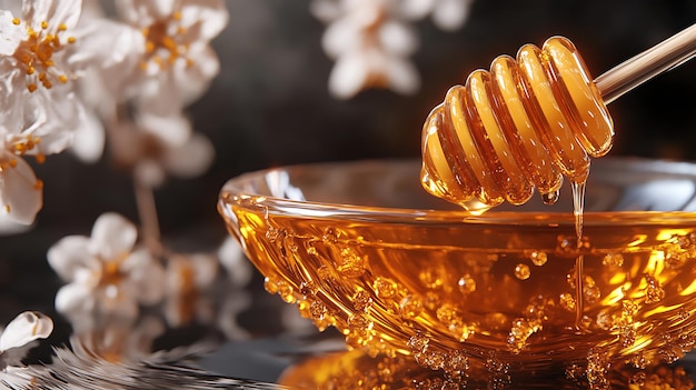 Photo honey dripping into a bowl with blooming flowers