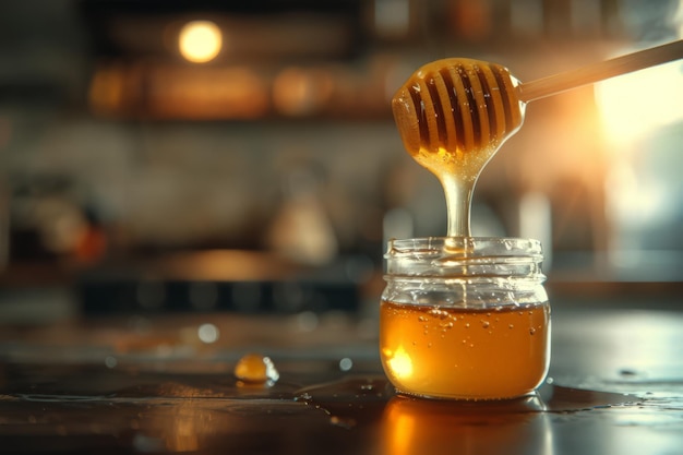 Honey Dripping into a Jar on a Rustic Table