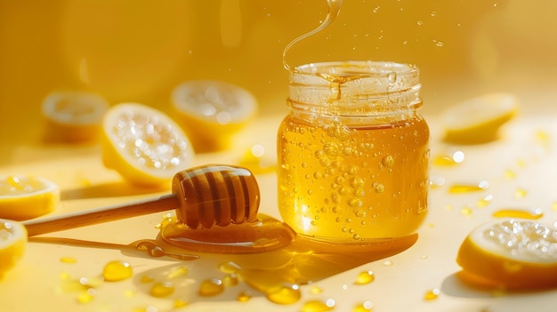 Honey Drizzled in Glass Jar with Wooden Stirring Stick on Solid Background