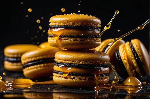 Honey drizzled over a tower of black macarons