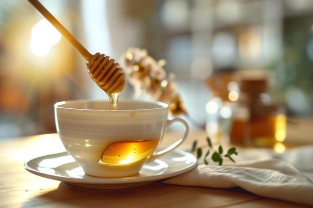 Honey Drizzling into a White Cup on a Wooden Table