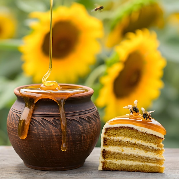 Honey flows down the Ceramic behind which are blurred honeycombs