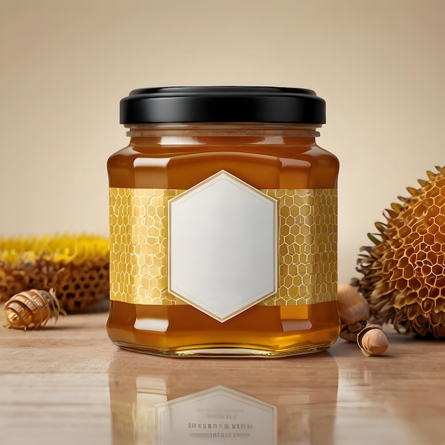 Photo honey glass jar on wood podium and yellow background for product mockup product display