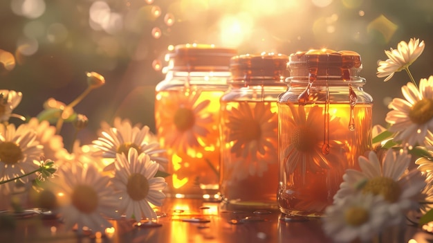 Honey in glass jars with flowers background