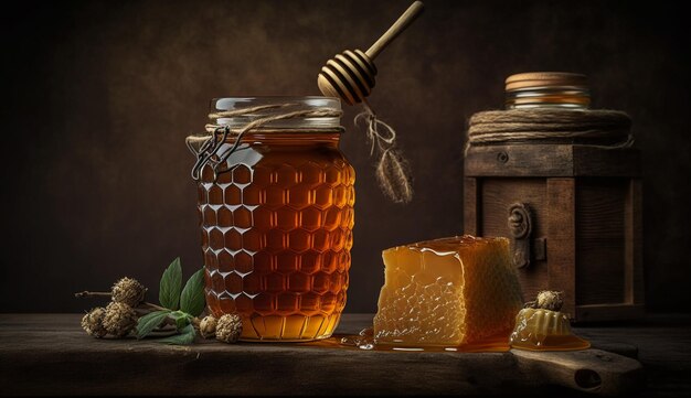 Honey and honey on a table with a wooden box