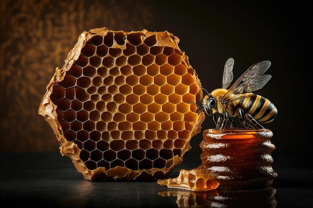 Honey and honeycomb with bee AI generated