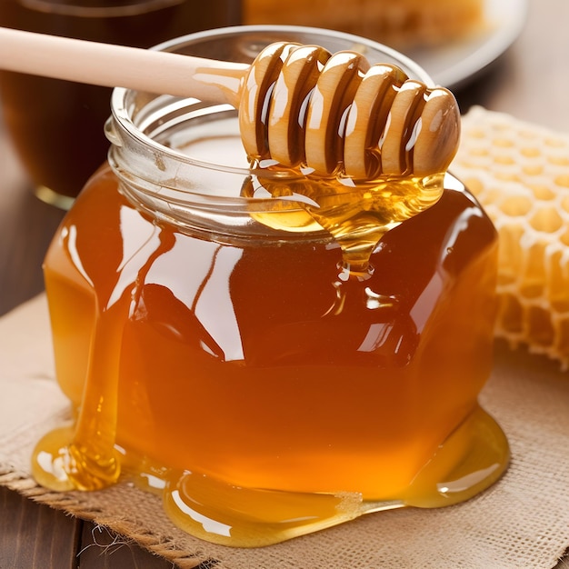 Honey is poured onto a jar of honey.