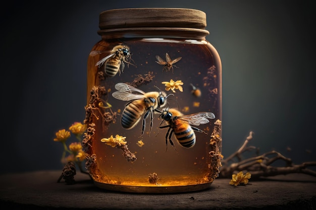 Honey jar and bees AI generated