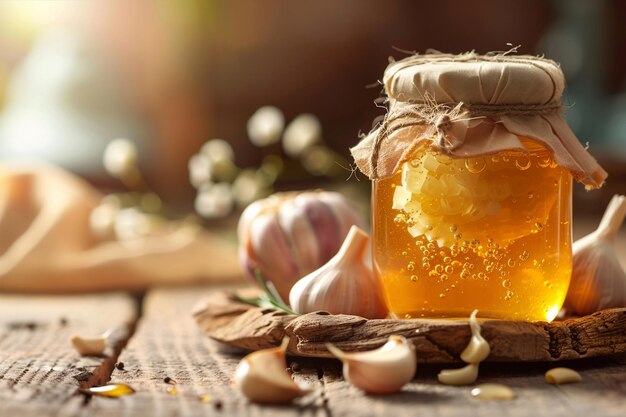 Photo honey jar filled with garlic placed