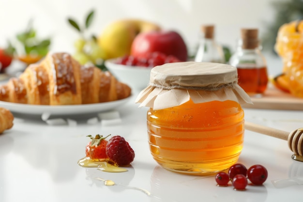 Honey Jar with Croissants and Berries