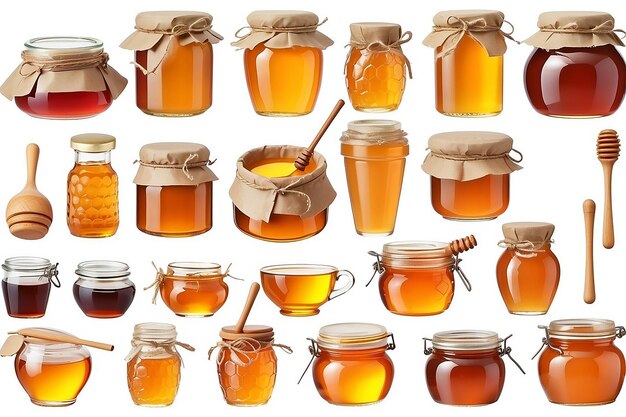 Photo honey jar with honey dipper and leaves isolated on white background top view