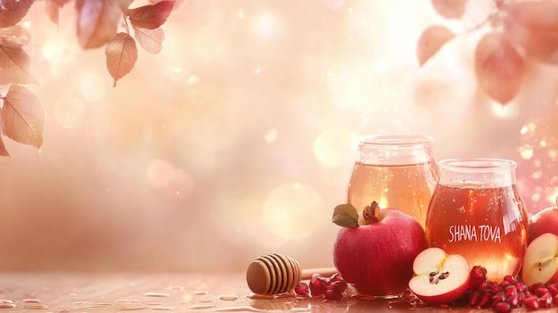 Photo honey jars with pomegranate and apples on table concept of rosh hashanah background