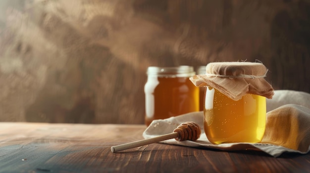 Photo honey jars on wooden table with rustic background