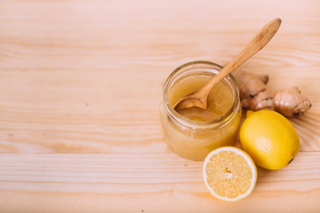 Honey, lemon and ginger root.