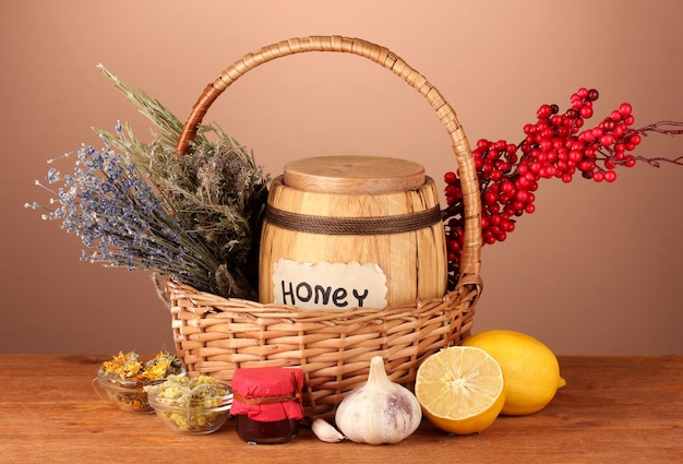 Honey and others natural medicine for winter flue, on wooden table