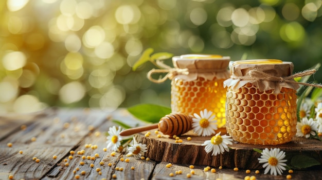 Photo honey pots with honeycomb and bee pollen on a wooden table and green nature background