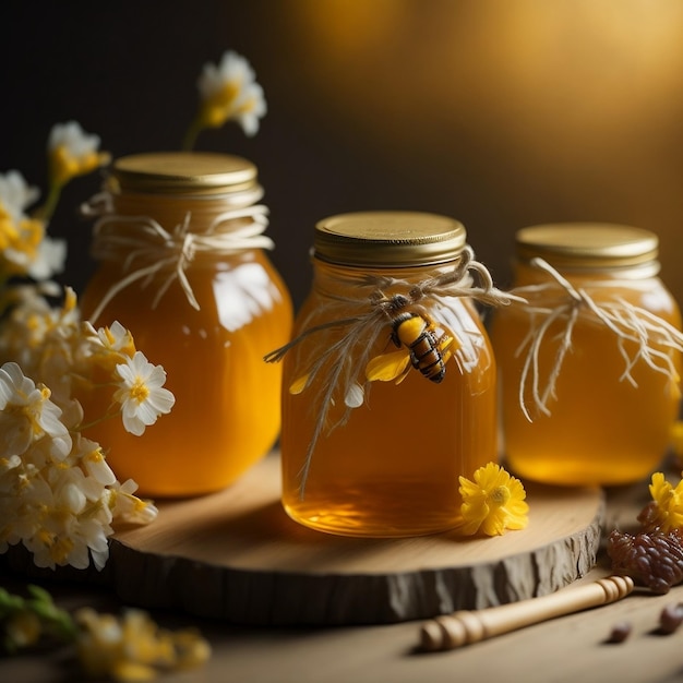 Photo honey pots on wooden background jar of honey on table with white flowers