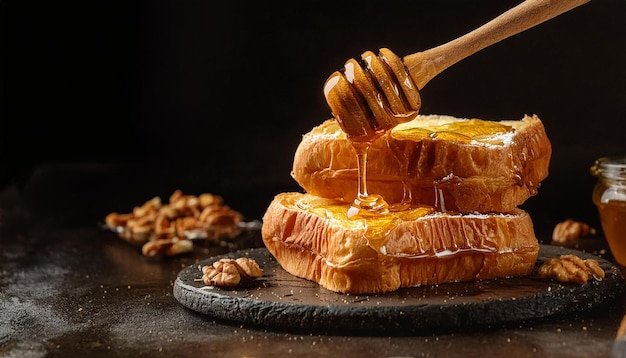 Honey pouring from wooden spoon onto honey pile