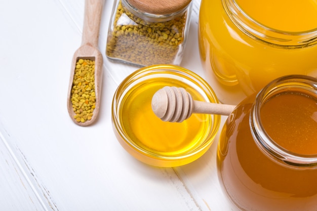 Honey products on wooden table