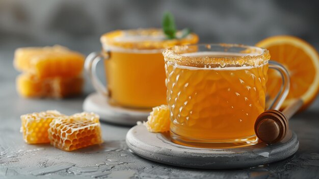 Honey tea with honeycomb and orange slices