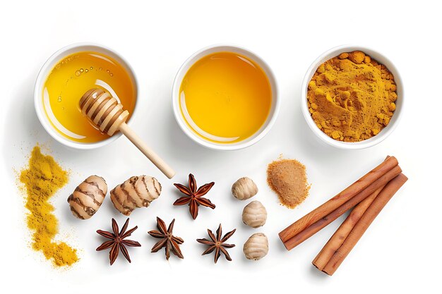 Honey Turmeric Ginger Cinnamon and Star Anise Spices on White Background