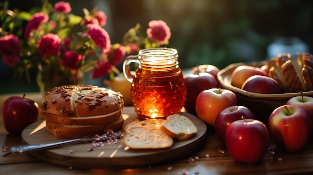 Honey with apples on a wooden table Rosh Hashanah