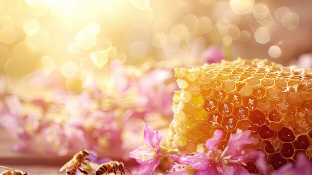 Photo honey with honeycombs and flowers selective focus