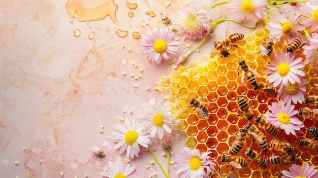 Photo honey with honeycombs and flowers selective focus