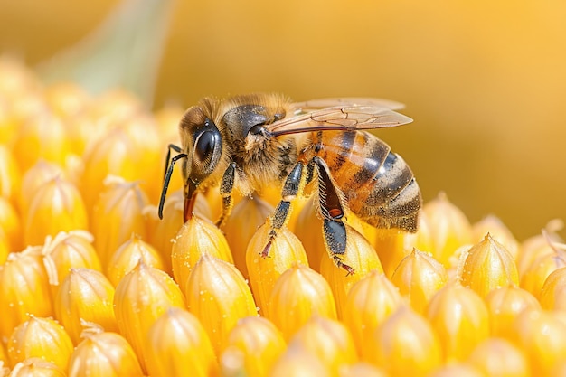 Honeybee collecting pollen from vibrant yellow flower in bright sunlight during summer