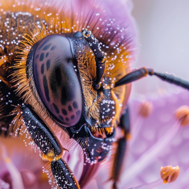 Honeybee covered in pollen ultracloseup of compound eyes and antennae Olympus OMD EM1X with 60mm f28 macro lens focus stacking Soft floral backdrop ar 11 Job ID 731784ff4dd0488d93cfa84880f5bace