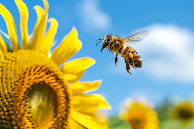 Honeybee in Flight Near a Sunflower