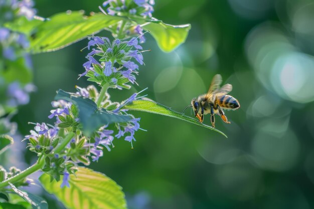 Honeybee Gathering Nectar on Purple Flowers