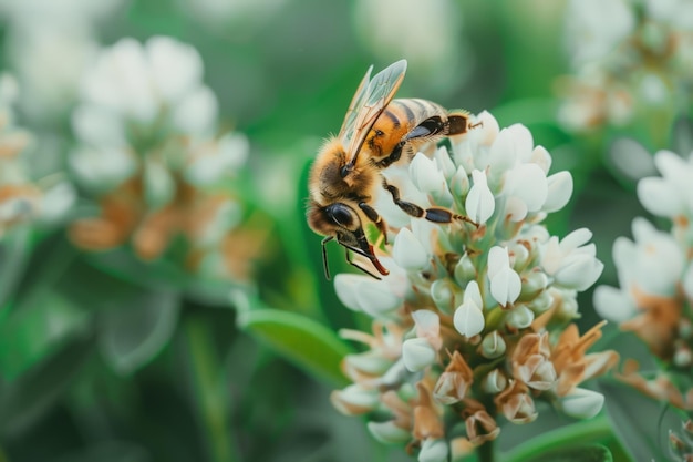 Honeybee Gathering Pollen on White Flower