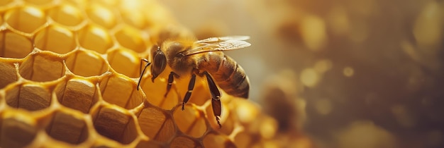 Honeybee on Honeycomb with Warm Golden Lighting in a Close Up Macro Shot