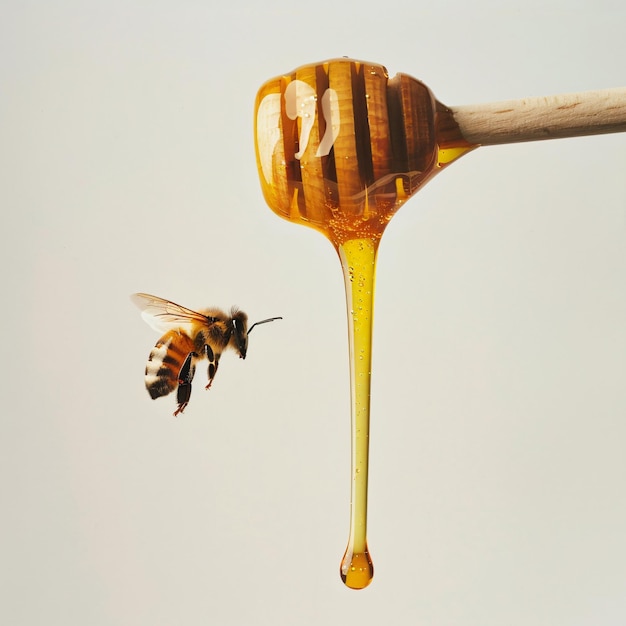 Honeybee hovering near wooden honey dipper with dripping golden honey Nature sustainability concept