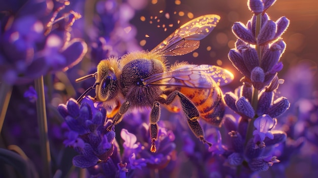 Honeybee Pollinating Lavender Flowers at Sunset A detailed view of a honeybee with pollen on its body flying near lavender flowers illuminated by the warm golden light of the setting sun